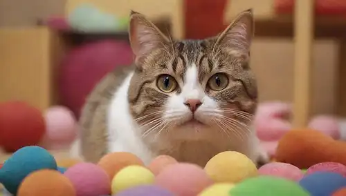 Un gato en un ambiente colorido y juguetón, posiblemente rodeado de juguetes o objetos para estimular su mente y cuerpo, con una expresión facial relajada y feliz, potencialmente participando en una actividad como rascar o escalar