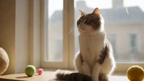 Un gato curioso sentado en un ventanal con rayos solares, rodeado de juguetes y poste de rasguño, jugando con una pelota o cuerda, usando una expresión contenta, teniendo un abrigo suave y limpio