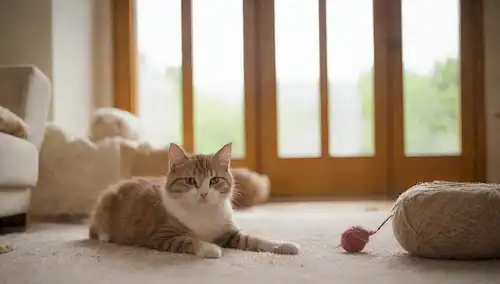 Un cálido y acogedor salón con un pequeño gatito jugando con hilo