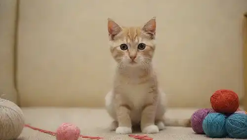 Un gato gatito sentado en un cojín suave, rodeado de juguetes y puestos de rascado, mirando curiosamente a la cámara, con unos hilos de hilo o cuerdas cerca