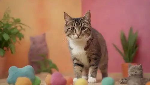 3-4 gatos juguetonos con diferentes colores de capa y patrones, saltando, escalando o saltando en un fondo colorido, juguetes dispersos alrededor, plantas de catnip cercanas, iluminación caliente, enfoque suave, composición caprichosa