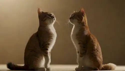 2 gatos con piel de pie sobre sus patas traseras, caras giradas hacia el otro con orejas dobladas hacia atrás, uno gatos cola girando mientras los otros se mantienen quietos, ojos estrechados en una mirada amenazante, rodeados de sombra sutil e iluminación oscura