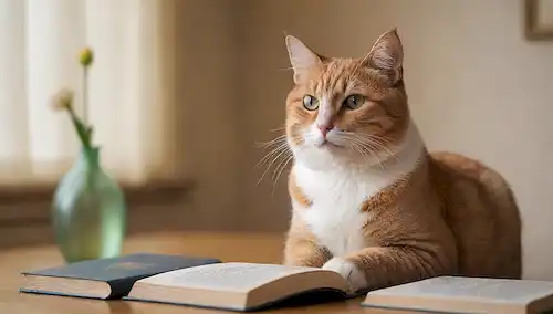 Un gato sentado tranquilamente en un fondo de color neutro, ojos enfocados en algo fuera de pantalla, con una pata extendida y levantada, mientras que el otro está relajado, rodeado de sutiles indicios de un ambiente doméstico (por ejemplo, un jarrón, un libro), transmitiendo un sentido de tranquilidad y atención suave a su entorno