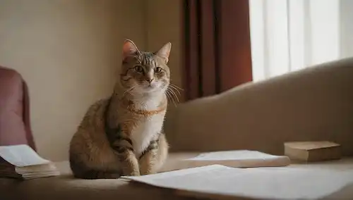 Un gato sentado en un sofá con una expresión divertida, rodeado de papeles y libros esparcidos; en el fondo, un sendero de olor débil que conduce a una cortina cercana; una sombra sutil que sugiere un potencial marcador territorial; tono juguetón y curioso transmitido a través de la escena