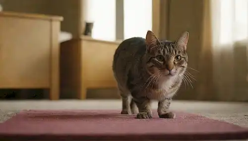 Un gato sentado sobre una mesa, mirando ansioso, con una débil línea de aroma en la nariz; una alfombra o alfombra en el fondo, ligeramente desgarrado y frayed; unos juguetes esparcidos alrededor; un cuarto diminuto iluminado con sombras; un toque de tensión e incomodidad