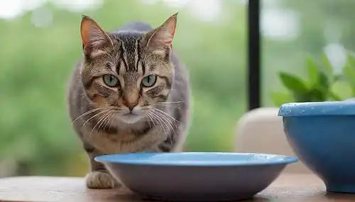 Un gato juguetón con un cuenco de agua delante de él