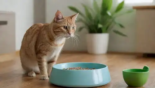 Un curioso gato acercándose a un tazón de agua, silbidos girando, orejas encendidas, con una boca seca y lengua colgando, sentado frente a un plato de riego limpio y vacío rodeado de vegetación fresca, en un suelo de madera, con unos pocos juguetes dispersos