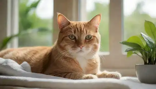Un gato acostado en una manta suave con un vaso o un tazón de agua cerca, sol brillando a través de una ventana, una planta o dos en el fondo, colores suaves y enfocarse en los gatos cara relajada
