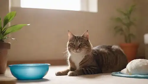 Un gato acostado en una cama con un tazón de agua en primer plano, un rayo de sol iluminando su piel, unos juguetes dispersos cerca, una planta en la esquina con suelo seco