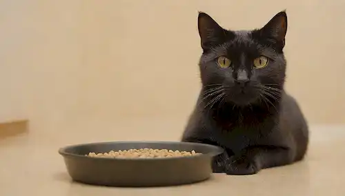 Un gato negro elegante con una expresión preocupada, acostado en su lado, con un cuenco de comida vacía en primer plano, rodeado de kibbles dispersos y gotas de agua, contra un fondo beige cálido o de color crema, con bordes borrosos suaves