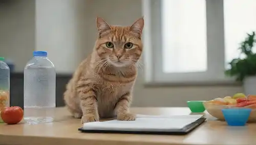 3D render of a cat sitting on a table, with a scale or weight in front, surrounded by healthy food and water bowls, with a dark outlined of a vets clipboard and medical gloves nearby