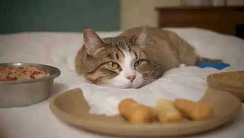 Un gato acostado en una cama o sofá, con ojos medio cerrados, en un estado de letargo, rodeado de comida dispersa y tazones de agua, con algunos utensilios o suministros de mascotas cercanos, con una sutil insinuación de un estómago vacío, transmitiendo una sensación de negligencia o falta de apetito
