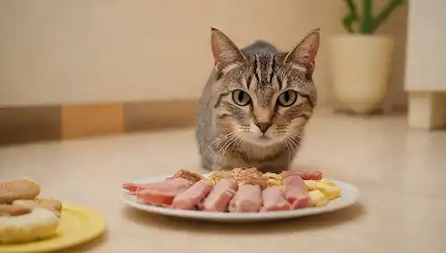 Un plato de pescado fresco, pollo jugoso, o rebanadas de carne suculenta, rodeado de golosinas y juguetes de gato, con unas cuantas patas de gato juguetonas en la esquina, en un fondo beige cálido con un toque de luz solar, con dos gatos curiosos que huelen la comida, uno de pie en sus patas traseras para conseguir un mejor look