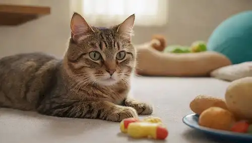 Un gato acostado en un cojín suave, rodeado de juguetes, con un tazón de comida y agua cerca, mirando relajado y contento, con un sutil toque de curiosidad en su expresión, quizás con una pata ligeramente levantada de la tierra
