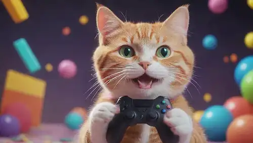 gato 3D, caricatura, sonriente, sosteniendo un controlador, rodeado de formas y patrones coloridos, chispas juguetonas volando, fondo caprichoso