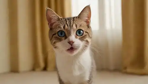 Una cara de gatos con piel de pie en el extremo, ojos anchos con ansiedad; un fondo borroso que sugiere el caos y el desarro; unas cortinas rotas o paredes arañadas visibles en la periferia, insinuando la destrucción; una sombra débil de una mano humana sosteniendo un juguete o un regalo, indicando ausencia
