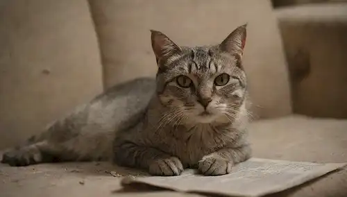 Viejo gato gris con ojos hundidos, enrollado en un sofá desgastado, rodeado de partículas de polvo, fotografías descoloridas y recortes de periódicos rotos, contra un fondo encendido con patrones florales decolorados