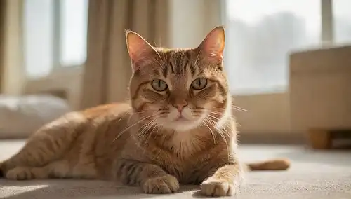 Un disparo de cerca de una cara de gatos con una expresión fruncida, rodeado de suaves líneas borrosas de pelo de gato, en un ambiente cálido y acogedor salón, con unos juguetes o libros dispersos cerca, una luz del sol débil filtrando a través de la ventana, una sombra sutil del dueño sentado en el sofá, un toque de un piso desordenado