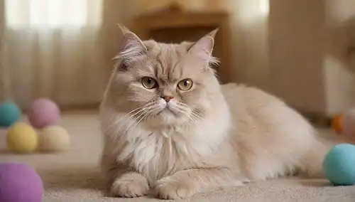 Un gato persa de aspecto suave con una mirada de enfoque suave, acostado en un piso moqueta de lujo en medio de juguetes dispersos y postes de arañazo, con un sutil toque de luz de la mañana filtrando por la ventana