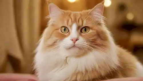 Un majestuoso gato de pelo largo con una cara plana y ojos en forma de almendra, en un abrigo suave y sedoso con una suave sonrisa, rodeado de telas de lujo o adornos, situado en un fondo cálido y dorado