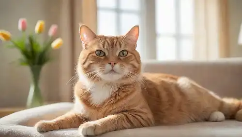 Un gato feliz acostado en un sofá suave, rodeado de juguetes de felpa y un poste de arañazo, con unas cuantas hebras de pelaje esparcido alrededor, una suave luz solar que fluye desde una ventana, un jarrón con flores frescas en el fondo, una sutil textura borrosa para sugerir un ambiente cálido