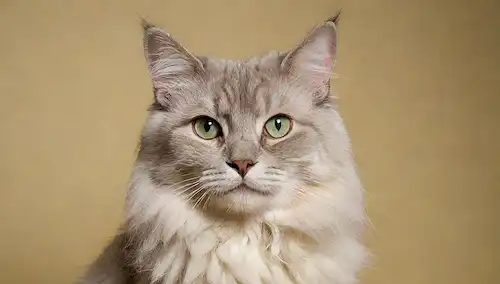Un gato majestuoso de pelo largo con un abrigo gris pálido, batidos rizado, y ojos verdes perforantes, posando en un fondo suave, de color crema, con sombras sutiles resaltando su textura de piel; la piel de gatos está ligeramente toscada para mostrar su Nebelung características de raza, sin apareamiento visible o curtidor