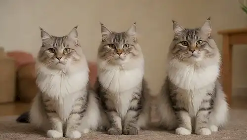 2-3 gatos siberianos sentados en una alfombra, mirando tranquila y relajada, con un gato ligeramente girado hacia el espectador, enfoque suave, luz natural cálida, textura de fondo sutil, posiblemente algunos juguetes o objetos cercanos, mostrando comportamiento felino y adaptabilidad