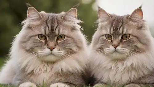 2-3 gatos siberianos se acurrucaron juntos, piel suave y suave, expresiones suaves, fondo sereno con árboles borrosos o hierba, iluminación cálida, un toque de nieve en la distancia, colores naturales