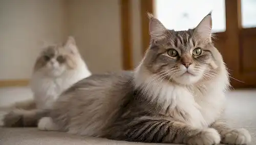 2 gatos Siberianos adultos se agitan en una alfombra suave