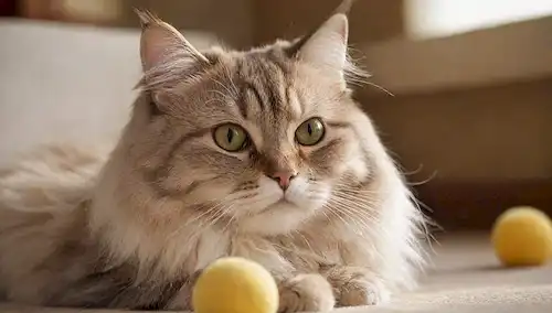 Whiskers curled, ojos curiosos, una suave pata extendida, suave textura de piel, un espacio cálido y acogedor con unos pocos juguetes dispersos, un gato siberiano en reposo, un sutil toque de luz solar de la mañana, un ambiente reconfortante, un sentido de serenidad y calma