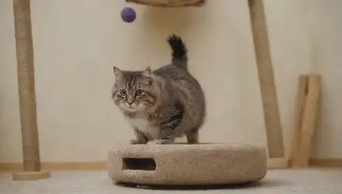 2-3 gatos siberianos jugando con juguetes, un gato saltando a través de un curso de obstáculos, un gato ejercitando en una mini trampolina, un gato subiendo un post de rayado, un gato saltando en una cesta acogedora con un juguete cercano