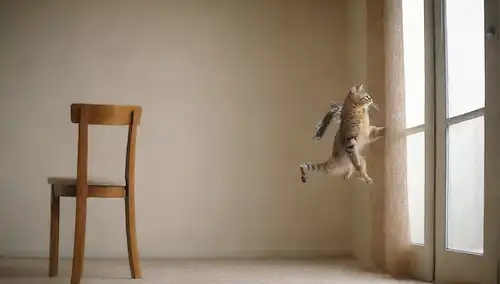 2 gatos sentados en el suelo, gato arañando pared, gato cayendo de la silla, gato trepando cortina, gato saltando de la mesa, gato corriendo a la red de seguridad