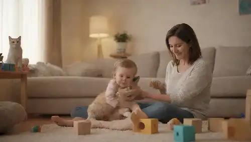Una escena serena de salón con una madre feliz y su gato juguetón, rodeado de juguetes y bloques de bebés, en medio de un telón de fondo de colores calmantes y suave iluminación, mostrando un ambiente armonioso, manos suaves, caras sonrientes y expresiones contentas