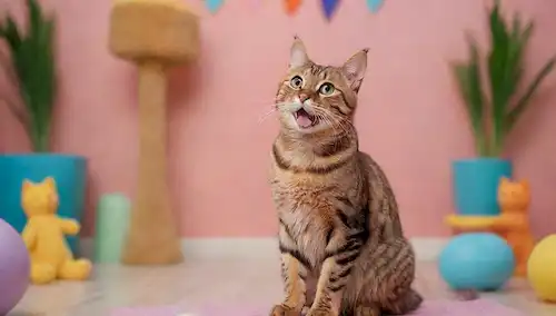 Un gato bengal feliz y fluido sentado en un fondo colorido con juguetes y punta de rasguño, un espejo de dentista gatos en primer plano, algunas vacunas visibles en la oreja de gatos, iluminación suave, pose juguetona y enfoque suave
