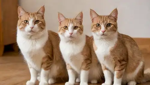 2 gatos adultos, un macho y una hembra, sentados en un suelo de madera, mirando directamente a la cámara con expresión curiosa, ambos con capa mediana de color marrón y blanco, silbidos prominentes, forma del cuerpo delgado, orejas grandes, ojos en forma de almendra, y cola larga