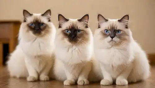 2 gatos Birman adultos sentados en un piso de madera, mirando directamente a la cámara, con piel suave y suave, un gato se inclina ligeramente hacia el otro para demostrar afecto, ojos dorados que brillan, unos pocos hilos de whiskers visibles, fondo borroso y fuera de foco