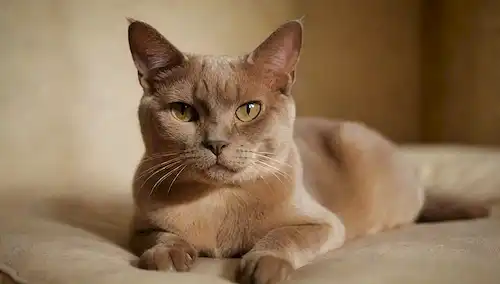 Un gato birmano de aspecto sereno con un abrigo sedoso, acostado en un cojín o cama suave, con sus patas acurrucadas y los ojos medio cerrados, rodeado de iluminación suave, en un fondo de tono cálido con texturas sutiles, mostrando a los gatos regal demeanor