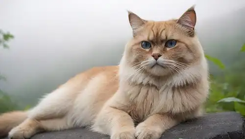 Un paisaje montañoso sereno y maligno con un majestuoso gato Himalaya saltando sobre un afloramiento rocoso, su piel un tono suave y dorado, con ojos azules penetrantes mirando a la distancia, rodeado de exuberante vegetación y sutiles pelusas de niebla, capturando la esencia de la tranquilidad