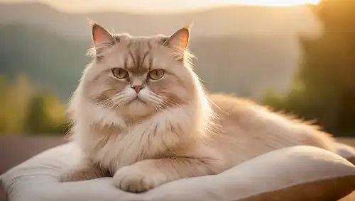 Un gato serena Himalayan saltando sobre un cojín de felpa, rodeado de suave iluminación dorada, con un fondo borroso de paisaje natural, con un efecto sutil niebla o niebla, que transmite la calma y la serenidad