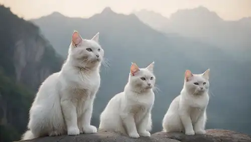 paisaje sereno montañoso con gatos blancos suaves sentados sobre rocas, suave luz solar filtrando a través de valles defectuosos, majestuosos picos Himalayas que se elevan en el fondo, sutil gradiente sombra para representar profundidad, atmósfera calmante transportada a través de colores suaves y texturas