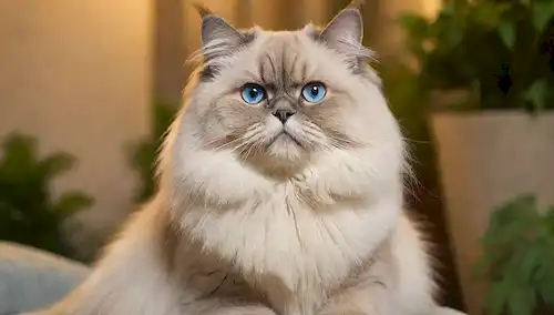 Un majestuoso gato Himalayan con ojos azules perforantes, abrigo gris suave y piel suave, sentado regally en un cojín de felpa, rodeado de vegetación exuberante, con una cálida iluminación dorada destacando sus características únicas, y un sutil borrón en el fondo para transmitir serenidad y atención al detalle