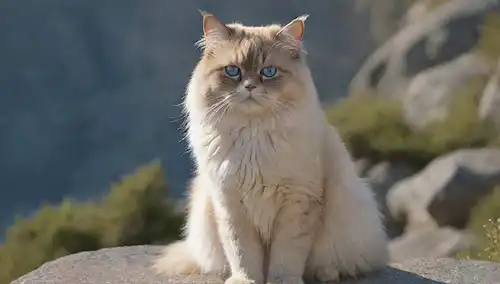 Una cordillera serena y cubierta de nieve en el fondo; un gato Himalaya regioso y agitado de pie orgulloso en terreno rocoso, con ojos azules perforantes y un abrigo sedoso; unos cuantos flores silvestres dispersos y delicados alrededor de las patas de gatos; suave y cálido sol arrojando largas sombras sobre las rocas