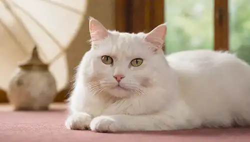 Un entorno interior sereno con un gato blanco tímido acostado en una alfombra de felpa, sus ojos medio cerrados en la relajación, con luz natural suave que vierte a través de la ventana, destacando su piel de terciopelo, y unas cuantas hebras de hilos parecidos a la seda colgando de una parasol de estilo japonés o linterna cercana