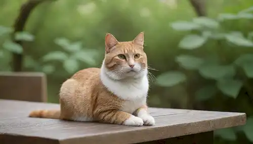 Un sereno gato oriental sentado tranquilamente en una plataforma de madera, rodeado de exuberante vegetación con sutiles toques de arquitectura japonesa en el fondo, adornado con suaves pliegues de tela sedosa y delicados adornos