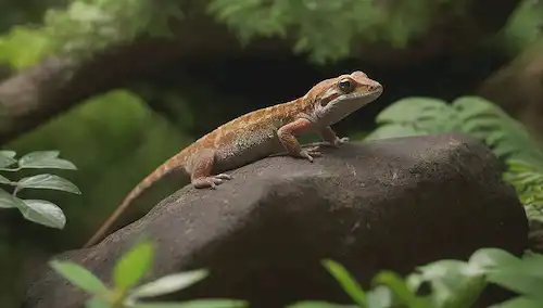 Una formación de roca cálida y soleada con un frondoso fondo de vegetación, con varios geckos diurnos de diferentes especies y tamaños, algunos de los cuales se bañan en el sol, otros escalando o encaramados en ramas, rodeados de plantas y vides suculentas, con sombras sutiles para transmitir textura