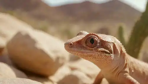 Un plano de una cabeza y cuerpo de geckos, paisaje desértico caliente en el fondo, rocas y cactus diseminados alrededor, escalas de geckos brillando bajo la luz del sol, enfoque sutil en los ojos, expresión tranquila