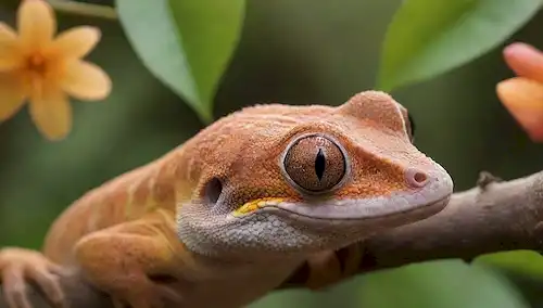 Una cara de geckos con ojos grandes, una nariz pequeña y boca, en una rama, rodeada de hojas, flores y vides, en un tono de color cálido y brillante, con algunas sombras para crear profundidad, y un fondo sutil gradiente que sugiere un día soleado, con unos pocos insectos volando alrededor de la cabeza de los geckos