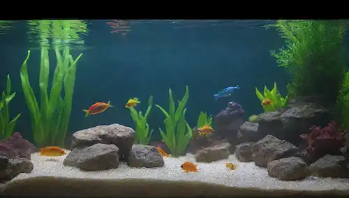 Acuario 3D con sustrato de grava, colorido pescado nadando en fondo, plantas y decoraciones visibles, agua tranquila con pequeñas ondas, foco suave, iluminación natural, bordes borrosos, textura realista, colores vibrantes, vidrio claro o paredes acrílicas