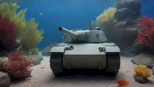 Un tanque lleno de grava, con sustratos vivos e inanimados, con plantas acuáticas vibrantes, natación de peces coloridos en medio, rocas corales y un fondo azul calmante