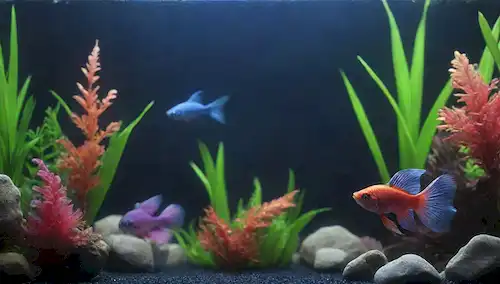 Una colorida y juguetona escena del acuario con una lucha de peces nadando junto a plantas